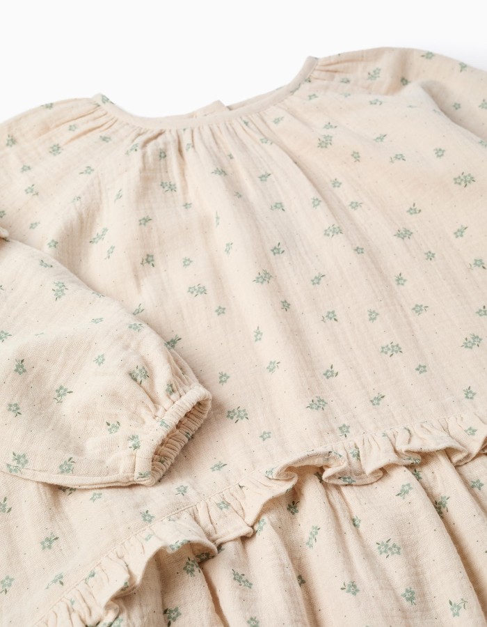 Cotton bambula dress with floral motif B&S for girls, beige/green