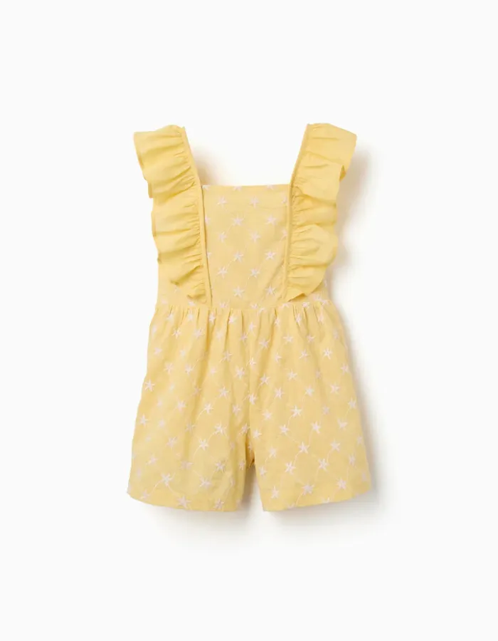Cotton playsuit with embroidery and ruffles B&S for girls, yellow