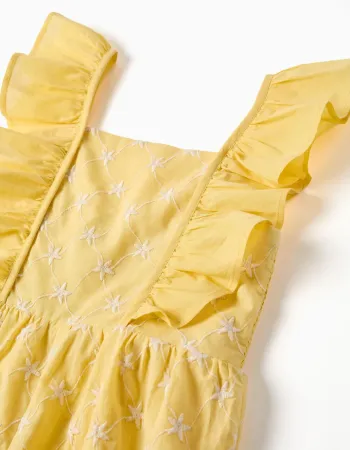 Cotton playsuit with embroidery and ruffles B&S for girls, yellow