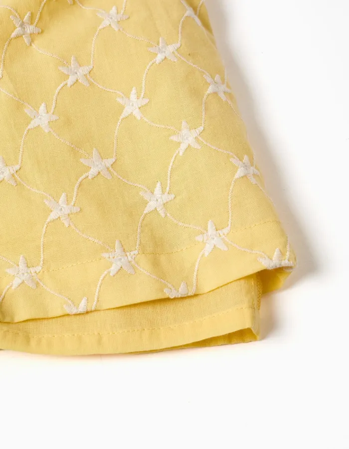Cotton playsuit with embroidery and ruffles B&S for girls, yellow