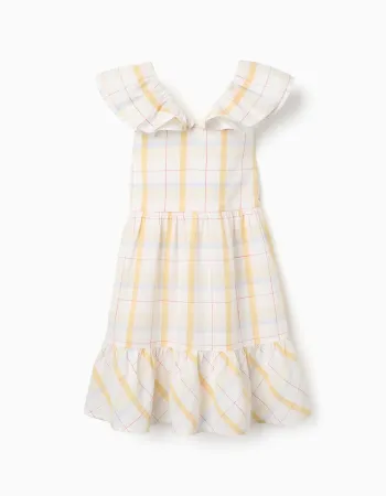 Checked cotton dress with ruffles B&S for girls, white/yellow/blue/red
