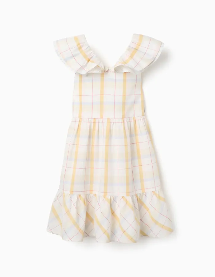 Checked cotton dress with ruffles B&S for girls, white/yellow/blue/red