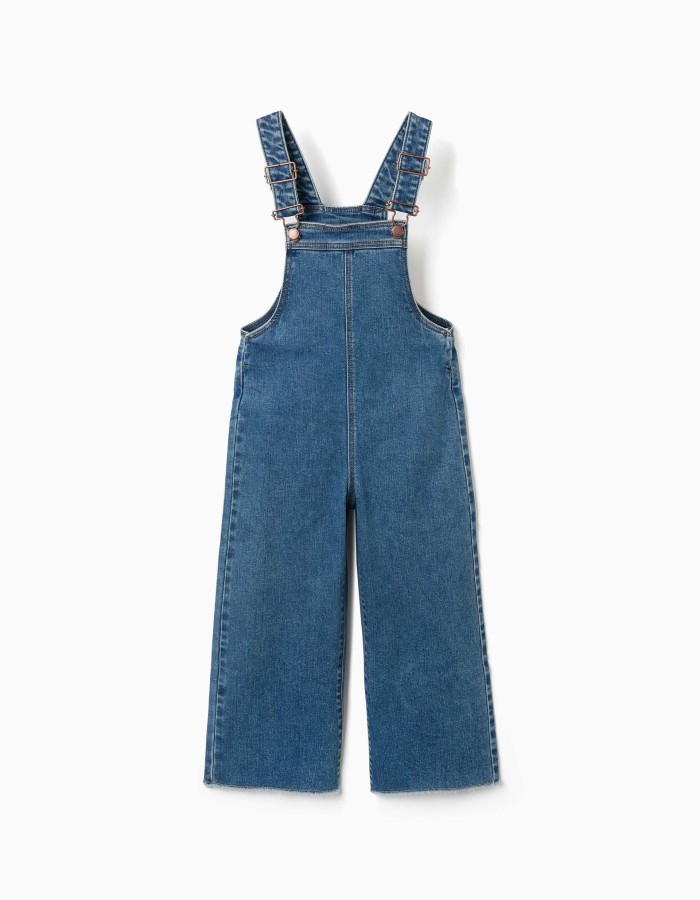 Wide Leg Cotton Denim Dungarees for Girls, Blue