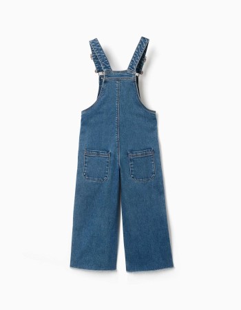 Wide Leg Cotton Denim Dungarees for Girls, Blue
