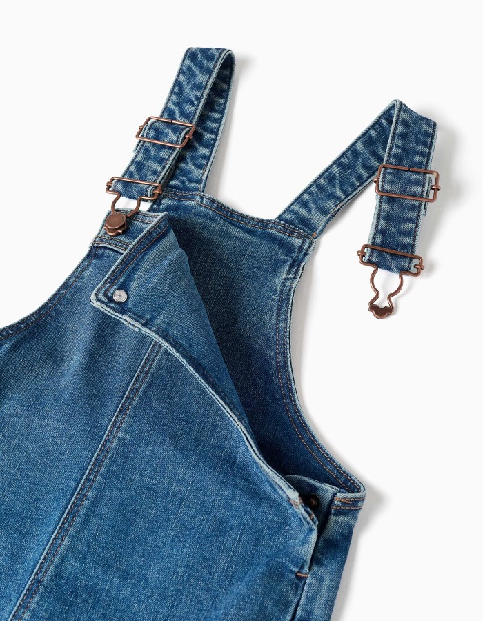 Wide Leg Cotton Denim Dungarees for Girls, Blue