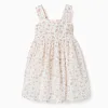 Sleeveless cotton dress with floral pattern for girls, light beige