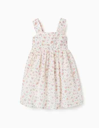 Sleeveless cotton dress with floral pattern for girls, light beige
