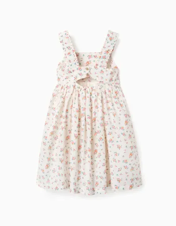 Sleeveless cotton dress with floral pattern for girls, light beige