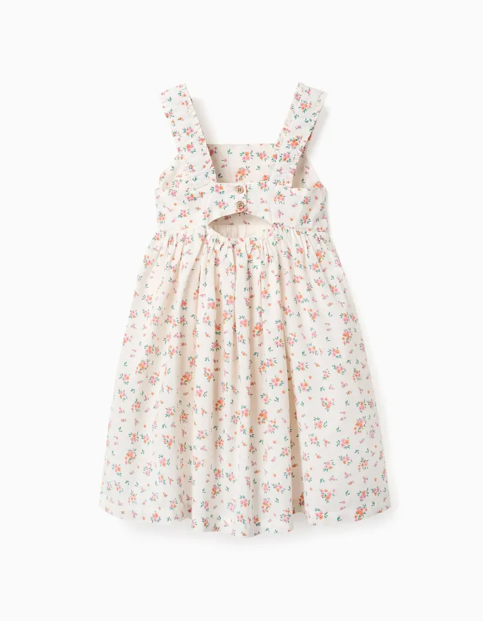 Sleeveless cotton dress with floral pattern for girls, light beige