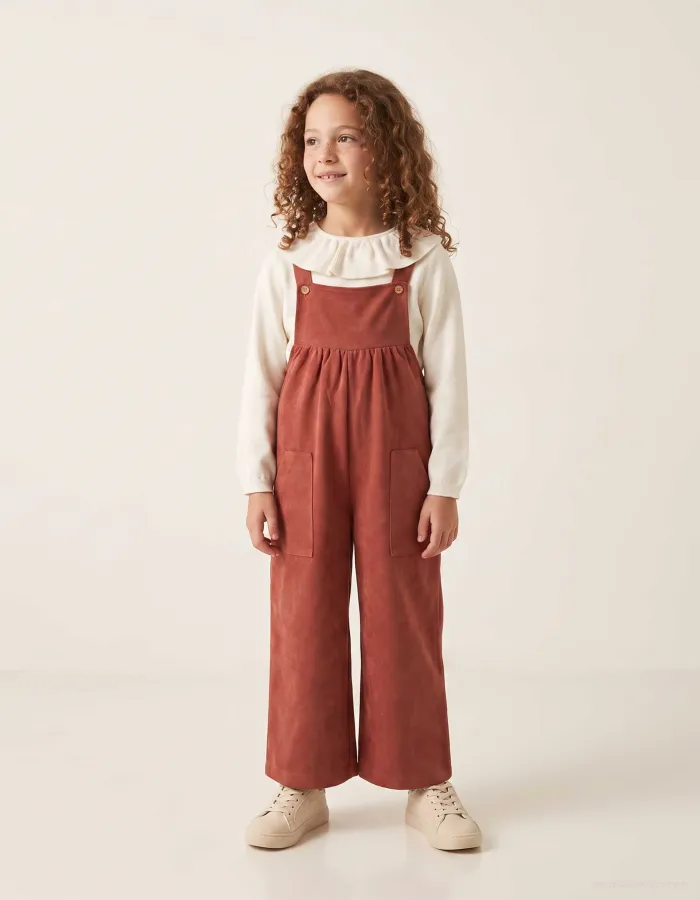 Wide leg interlock knit dungarees with pockets for girls, terracotta