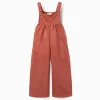 Wide leg interlock knit dungarees with pockets for girls, terracotta