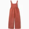 Wide leg interlock knit dungarees with pockets for girls, terracotta