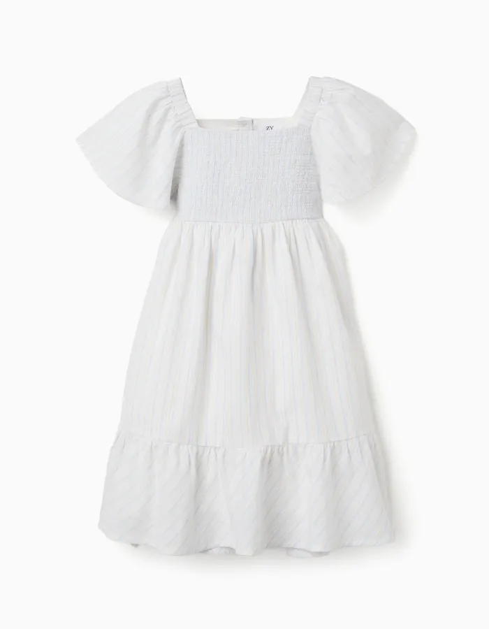 Striped cotton dress with lining B&S for girls, white/yellow/blue