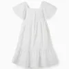 Striped cotton dress with lining B&S for girls, white/yellow/blue