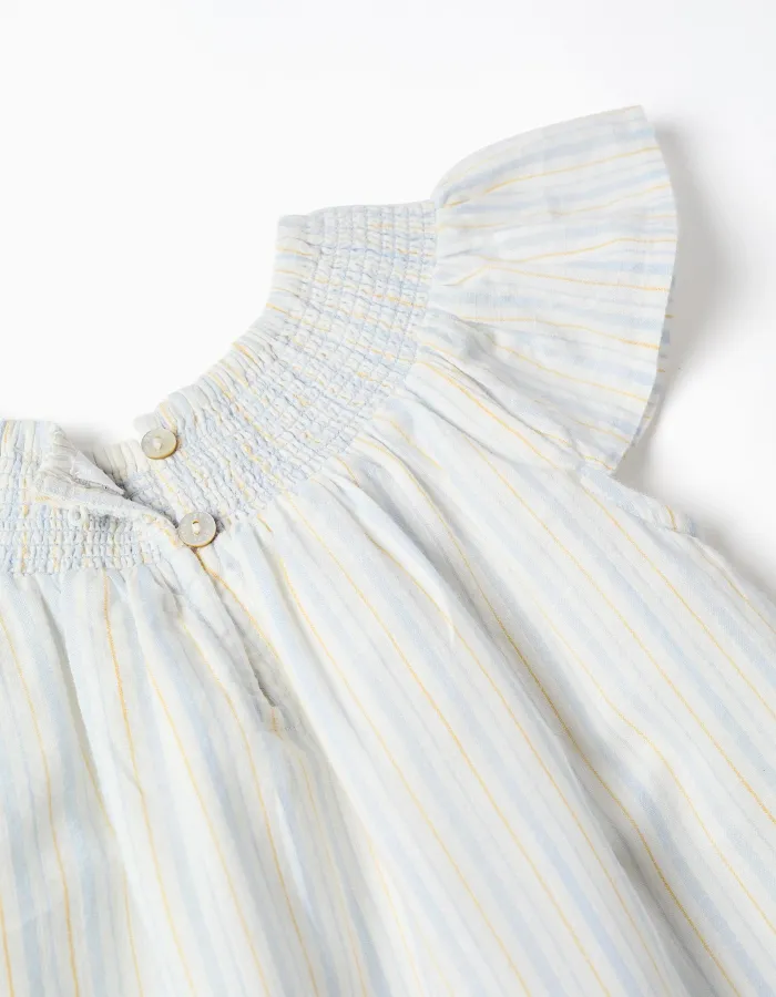 Striped cotton dress and bloomers B&S for baby girls, white/yellow/blue