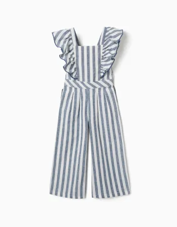 Striped cotton and linen jumpsuit You&Me for girls, white/blue
