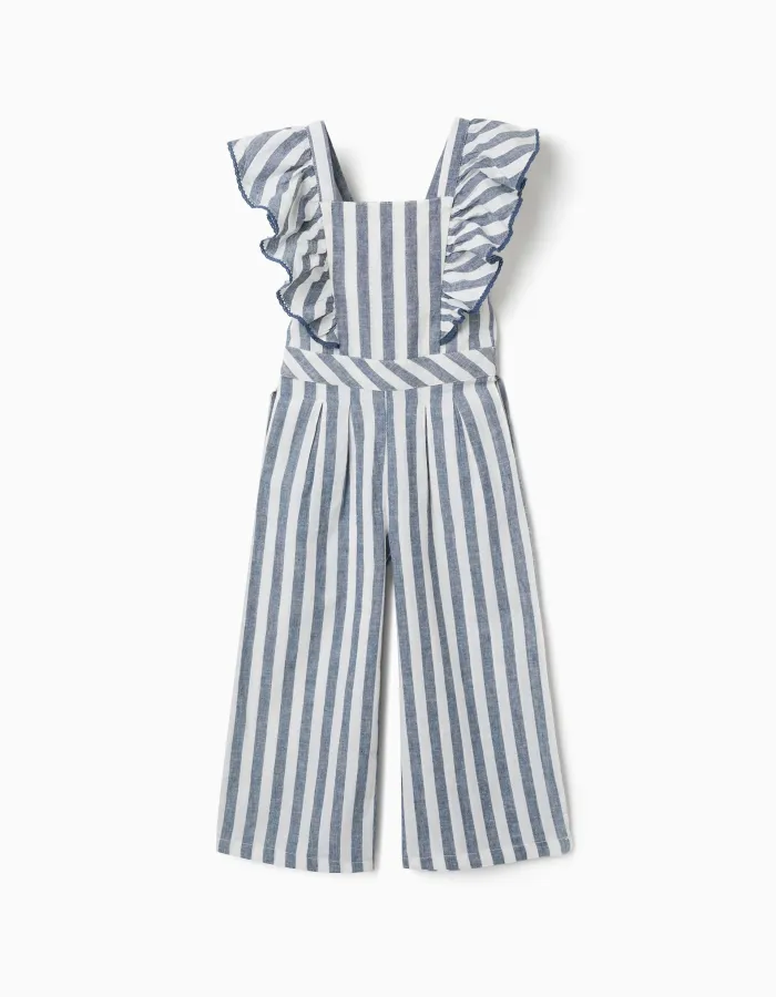 Striped cotton and linen jumpsuit You&Me for girls, white/blue