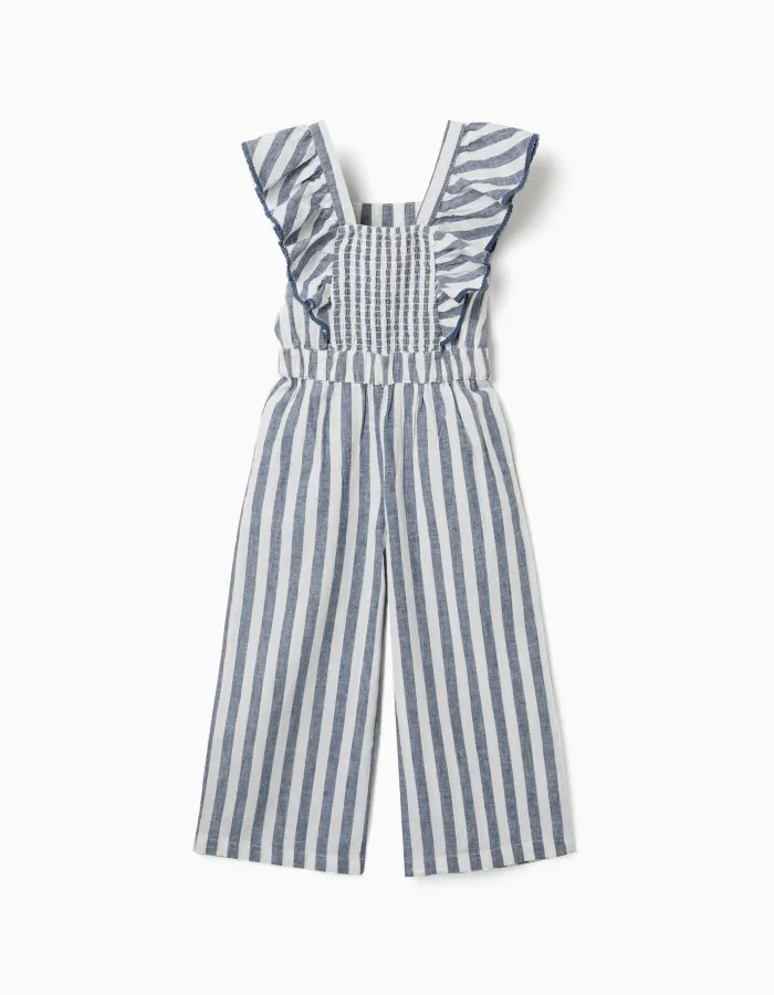 Striped cotton and linen jumpsuit You&Me for girls, white/blue