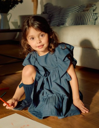 Dress in cotton and linen with ruffled sleeves You&Me for girls, blue