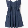 Dress in cotton and linen with ruffled sleeves You&Me for girls, blue