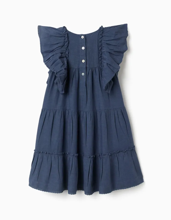 Dress in cotton and linen with ruffled sleeves You&Me for girls, blue