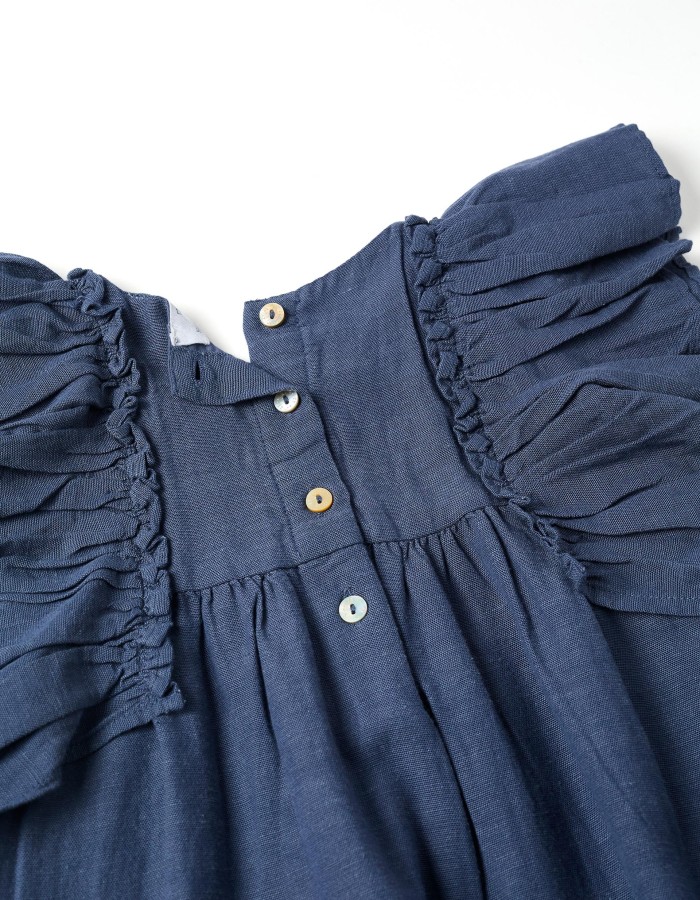 Dress in cotton and linen with ruffled sleeves You&Me for girls, blue