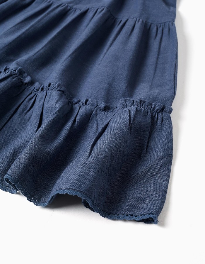 Dress in cotton and linen with ruffled sleeves You&Me for girls, blue