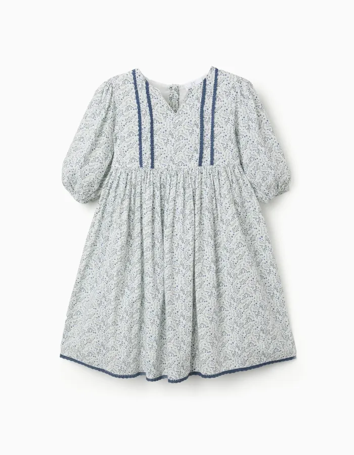 Cotton dress with balloon sleeves and flowers You&Me for girls, white