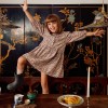 Long sleeve corduroy dress with floral pattern for girls, beige