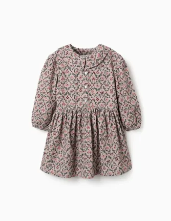 Long sleeve corduroy dress with floral pattern for girls, beige