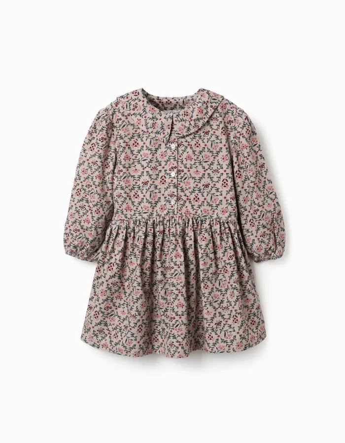 Long sleeve corduroy dress with floral pattern for girls, beige