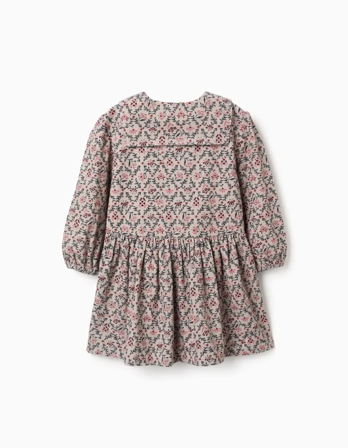 Long sleeve corduroy dress with floral pattern for girls, beige