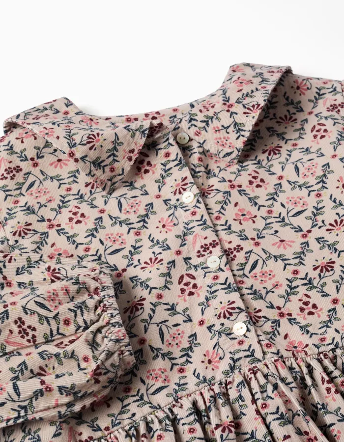 Long sleeve corduroy dress with floral pattern for girls, beige