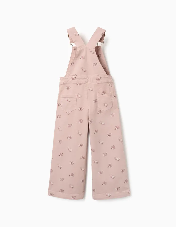 Wide leg twill dungarees with floral pattern for girls, light pink
