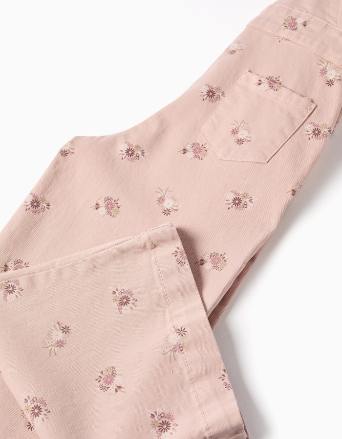Wide leg twill dungarees with floral pattern for girls, light pink