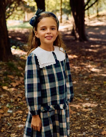 Checked cotton dress with pleats B&S for girls, blue/green/beige