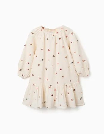 Long sleeve cotton dress with floral embroidery for girls, white