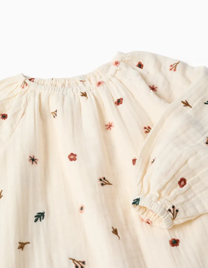 Long sleeve cotton dress with floral embroidery for girls, white