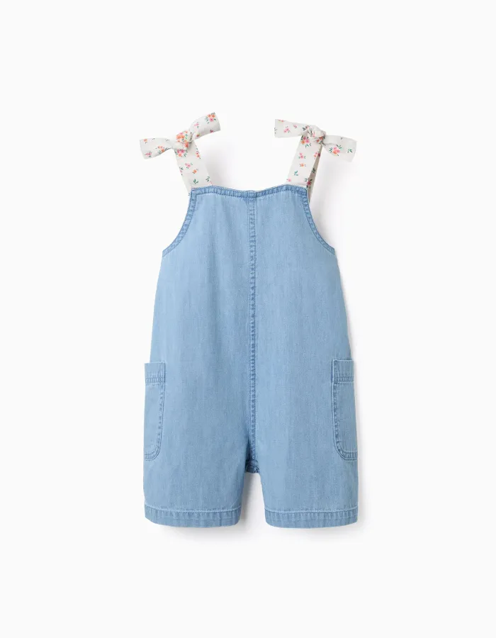 Sleeveless denim playsuit with floral straps for girls, light blue