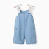 Sleeveless denim playsuit with floral straps for girls, light blue