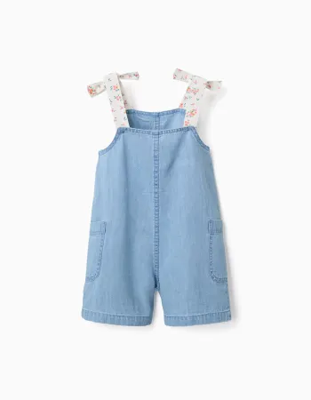 Sleeveless denim playsuit with floral straps for girls, light blue
