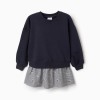 Dual-fabric cotton dress with gingham pattern for girls, navy blue