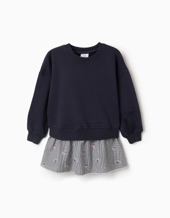 Dual-fabric cotton dress with gingham pattern for girls, navy blue