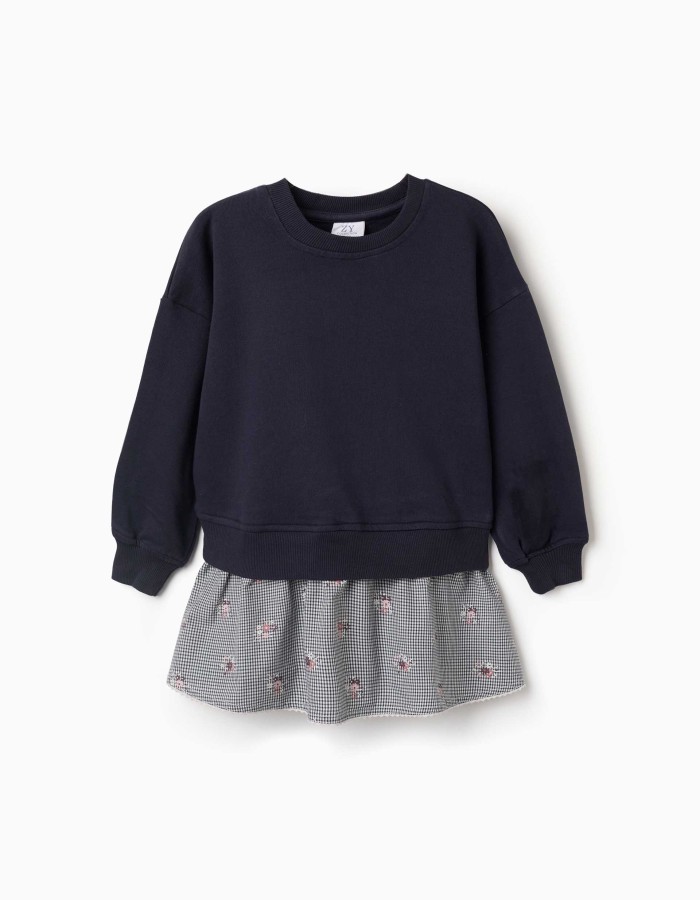 Dual-fabric cotton dress with gingham pattern for girls, navy blue