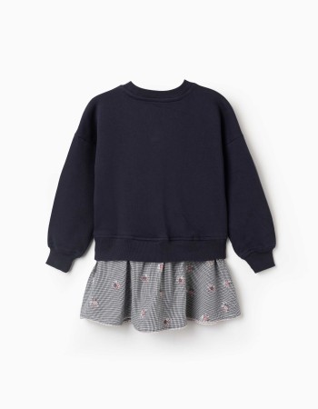 Dual-fabric cotton dress with gingham pattern for girls, navy blue