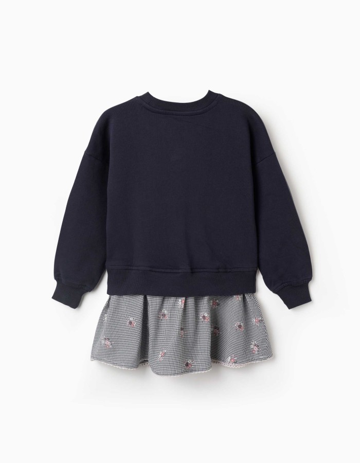 Dual-fabric cotton dress with gingham pattern for girls, navy blue