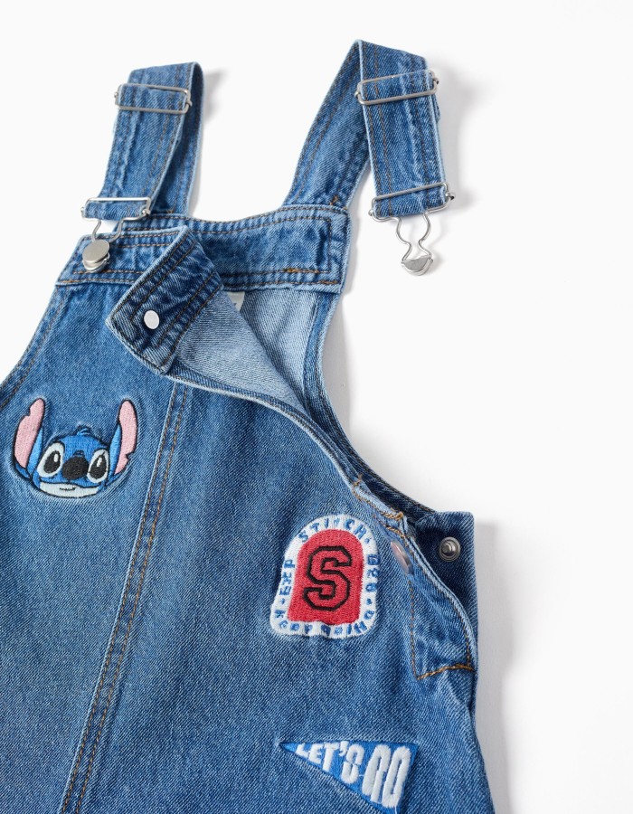 Denim short dungarees with Stitch embroidery for girls, blue