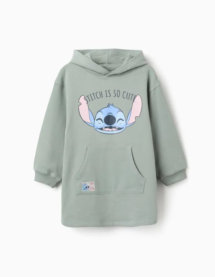 Brushed hooded dress with Stitch print for girls, light green