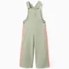 Cotton dungarees with ric rac tape for girls, green/neon coral