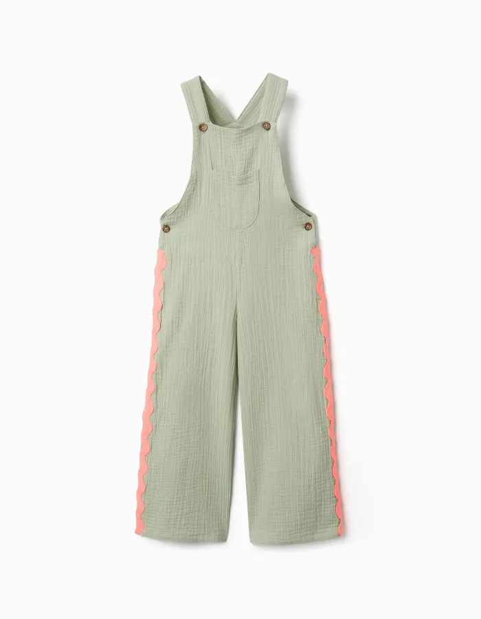 Cotton dungarees with ric rac tape for girls, green/neon coral
